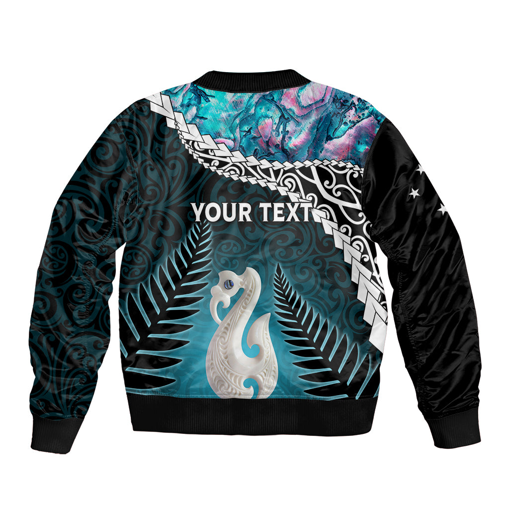 Personalised New Zealand Maori Sleeve Zip Bomber Jacket Manaia Paua Shell Turquoise LT7 - Polynesian Pride