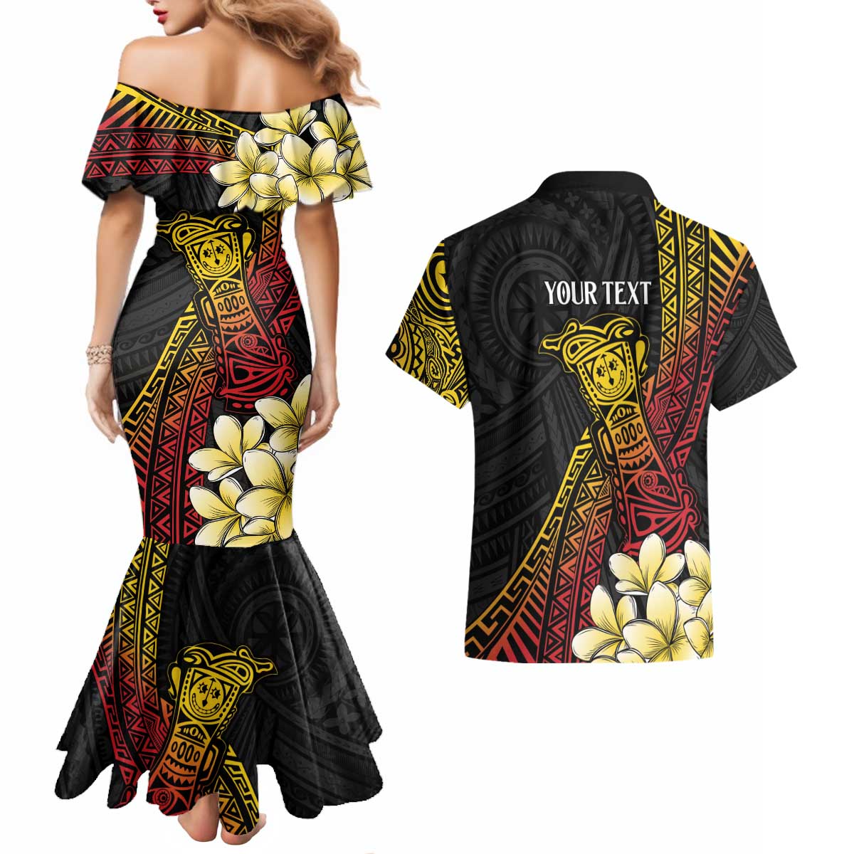 Personalized Papua New Guinea Couples Matching Mermaid Dress and Hawaiian Shirt Kundu Drum Carving Motifs LT7 - Polynesian Pride