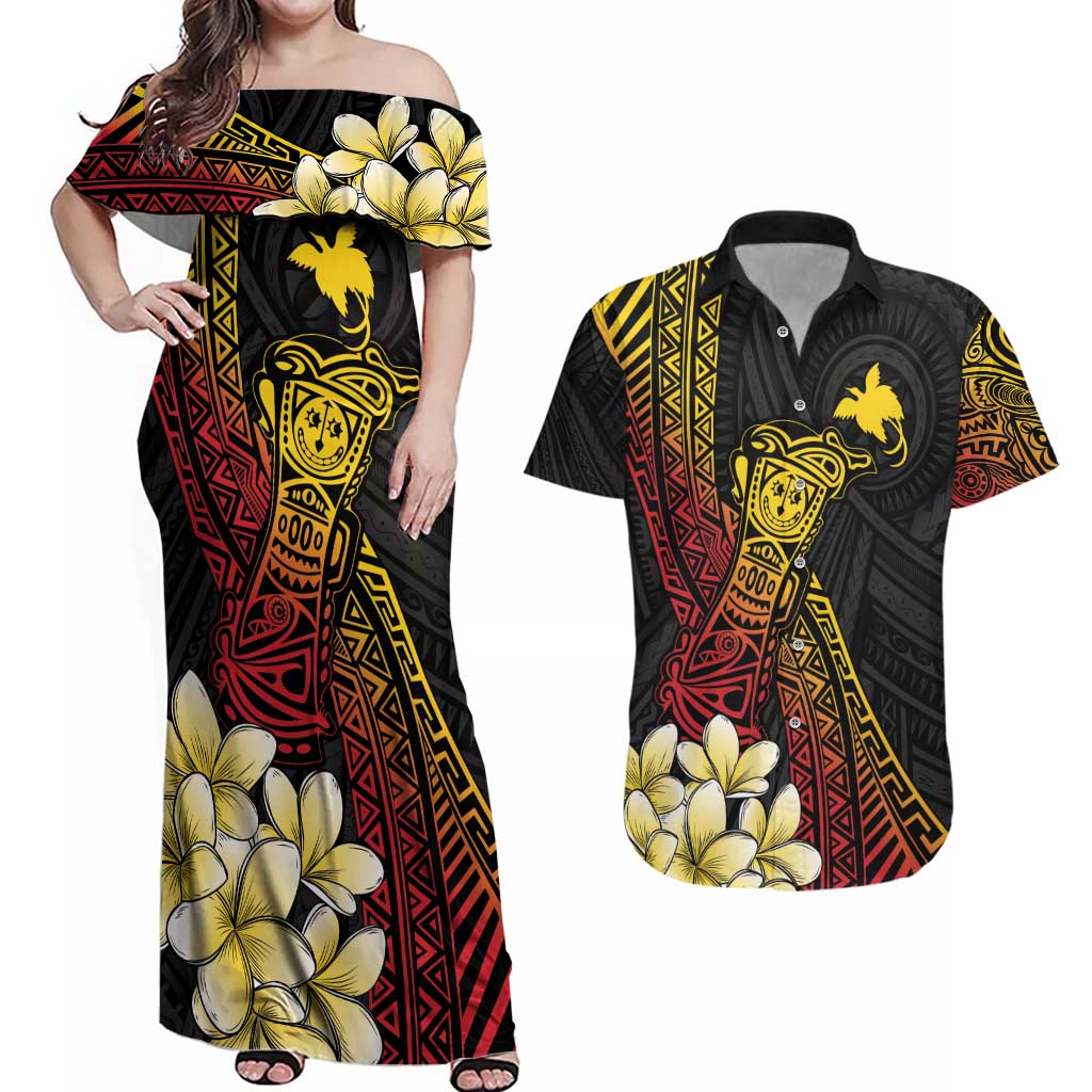 Personalized Papua New Guinea Couples Matching Off Shoulder Maxi Dress and Hawaiian Shirt Kundu Drum Carving Motifs LT7 Black - Polynesian Pride