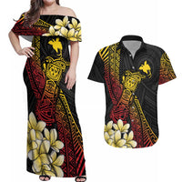 Personalized Papua New Guinea Couples Matching Off Shoulder Maxi Dress and Hawaiian Shirt Kundu Drum Carving Motifs LT7 Black - Polynesian Pride