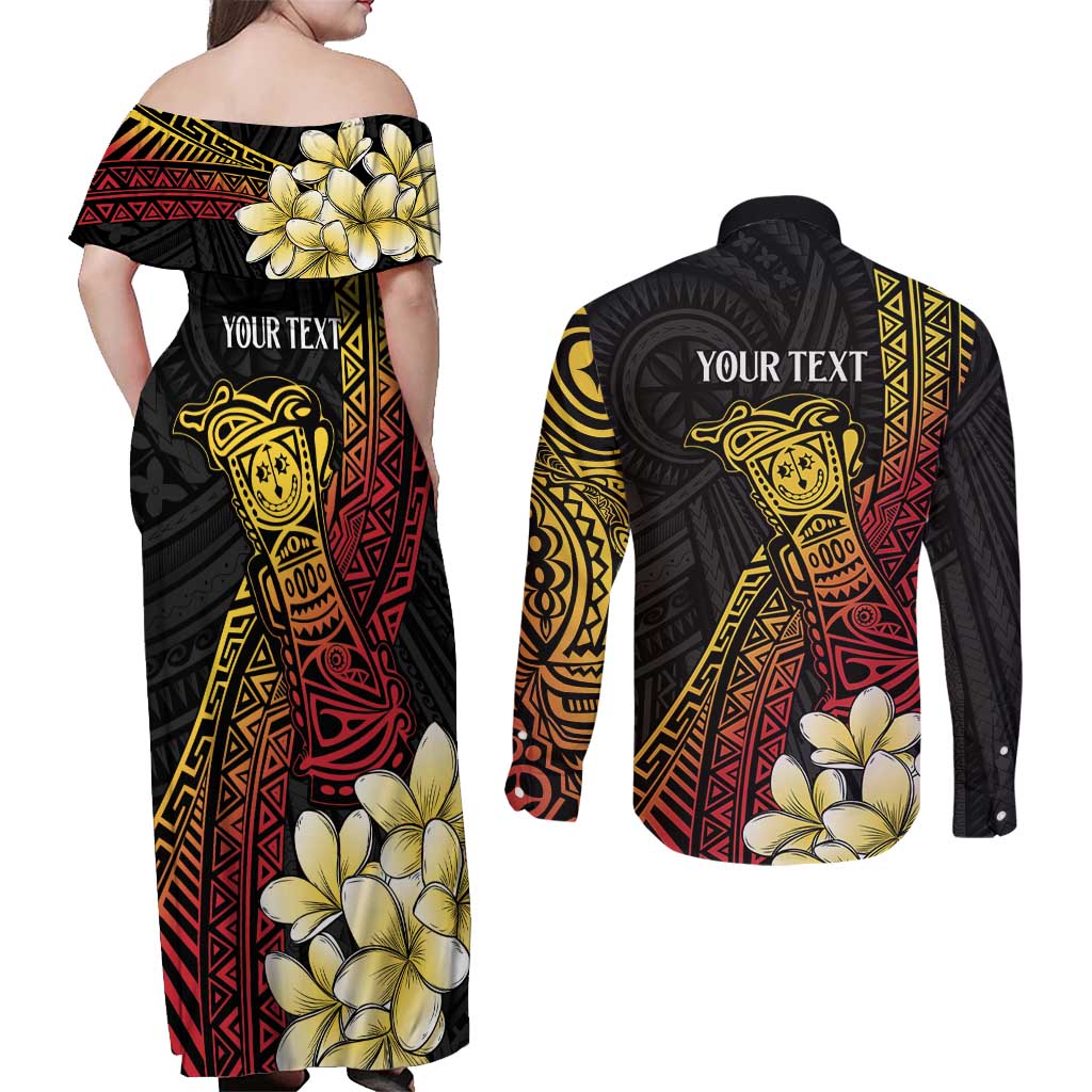 Personalized Papua New Guinea Couples Matching Off Shoulder Maxi Dress and Long Sleeve Button Shirt Kundu Drum Carving Motifs LT7 - Polynesian Pride