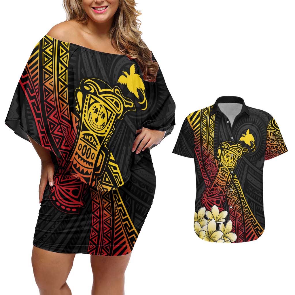 Personalized Papua New Guinea Couples Matching Off Shoulder Short Dress and Hawaiian Shirt Kundu Drum Carving Motifs LT7 Black - Polynesian Pride