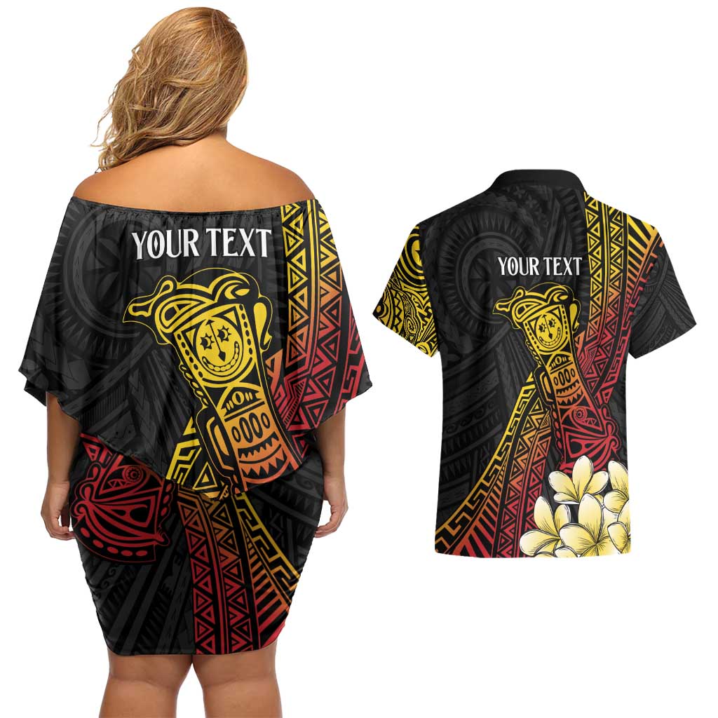 Personalized Papua New Guinea Couples Matching Off Shoulder Short Dress and Hawaiian Shirt Kundu Drum Carving Motifs LT7 - Polynesian Pride