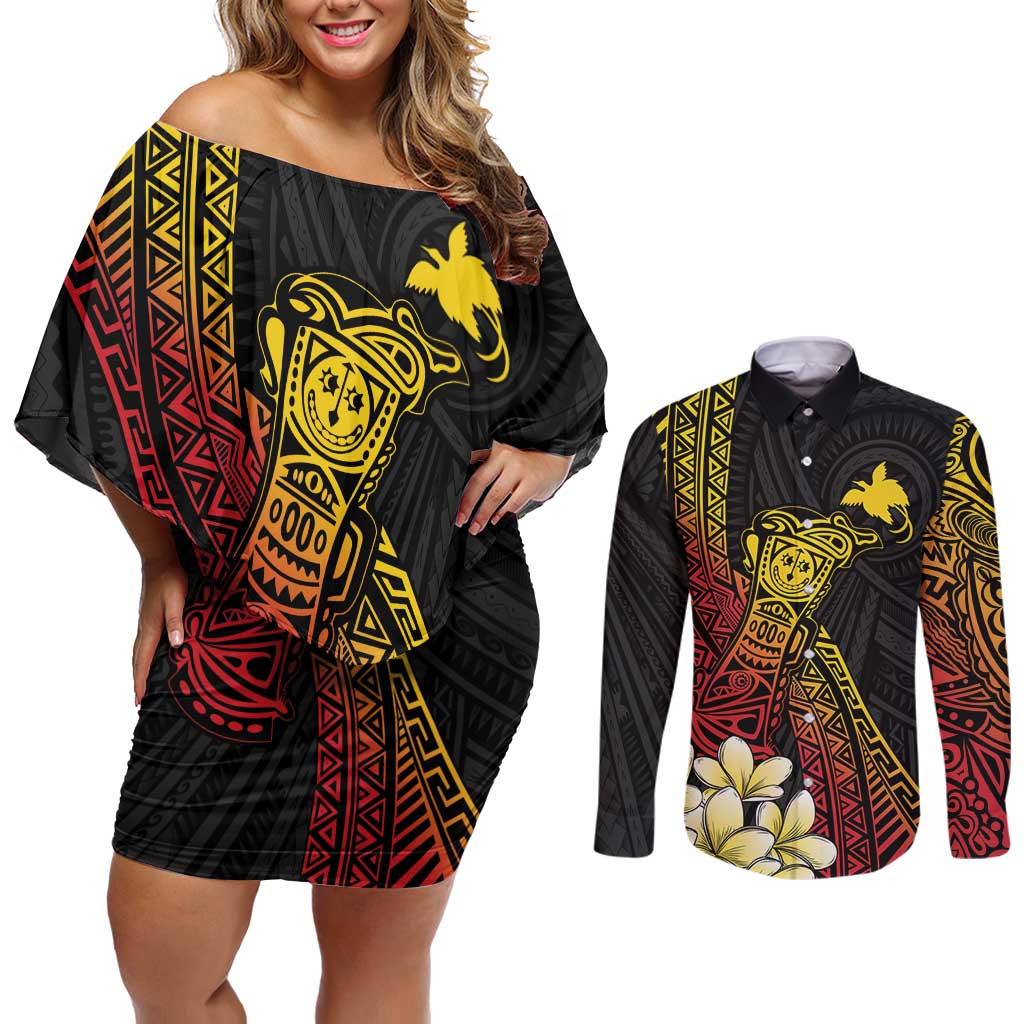 Personalized Papua New Guinea Couples Matching Off Shoulder Short Dress and Long Sleeve Button Shirt Kundu Drum Carving Motifs LT7 Black - Polynesian Pride