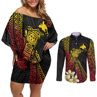 Personalized Papua New Guinea Couples Matching Off Shoulder Short Dress and Long Sleeve Button Shirt Kundu Drum Carving Motifs LT7 Black - Polynesian Pride