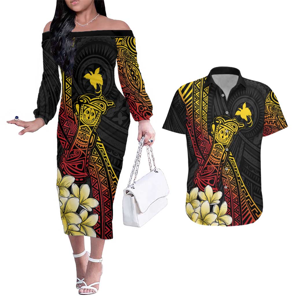 Personalized Papua New Guinea Couples Matching Off The Shoulder Long Sleeve Dress and Hawaiian Shirt Kundu Drum Carving Motifs LT7 Black - Polynesian Pride
