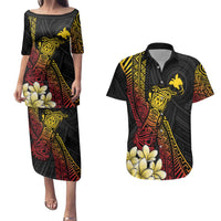 Personalized Papua New Guinea Couples Matching Puletasi and Hawaiian Shirt Kundu Drum Carving Motifs LT7 Black - Polynesian Pride