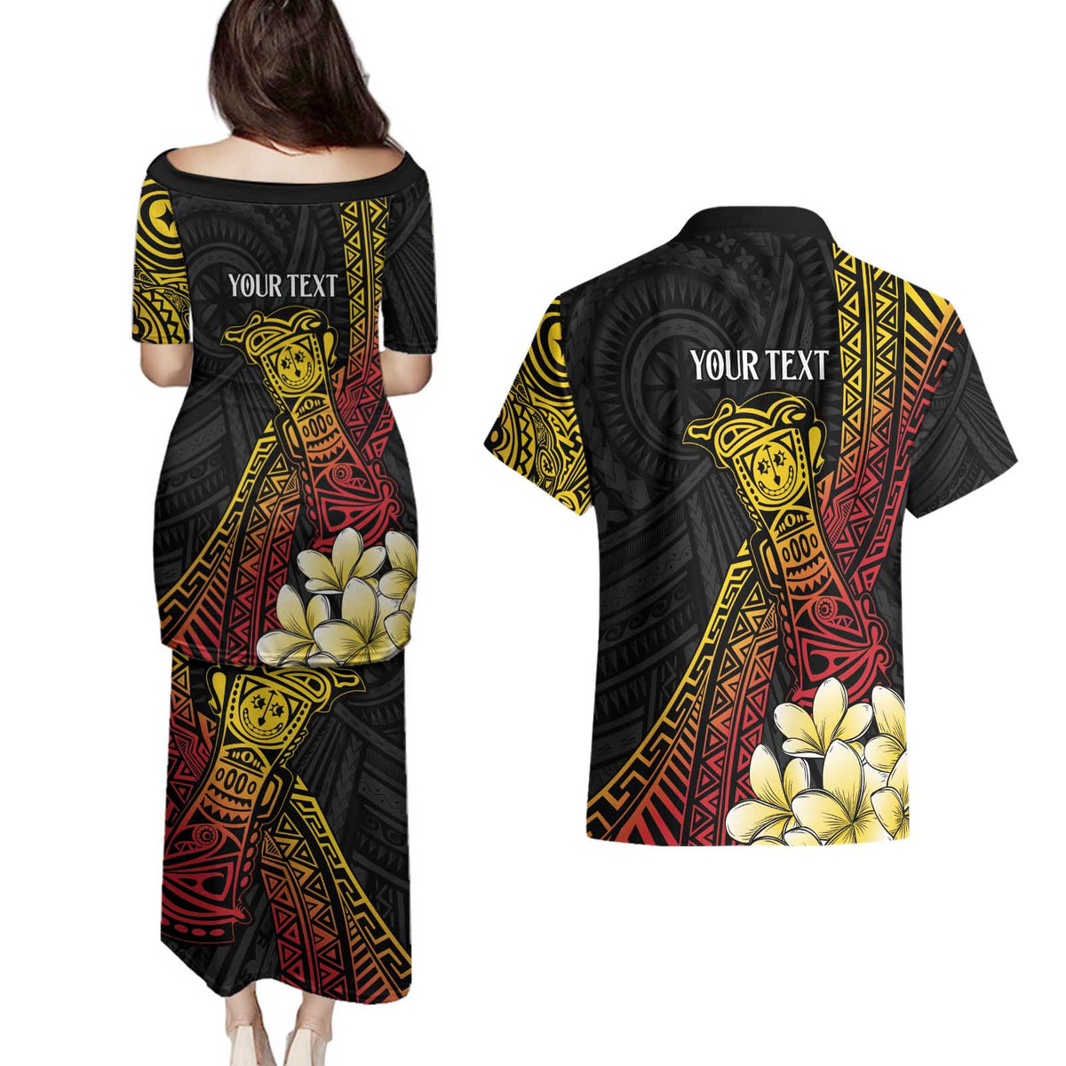 Personalized Papua New Guinea Couples Matching Puletasi and Hawaiian Shirt Kundu Drum Carving Motifs LT7 - Polynesian Pride