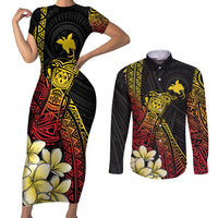 Personalized Papua New Guinea Couples Matching Short Sleeve Bodycon Dress and Long Sleeve Button Shirt Kundu Drum Carving Motifs LT7 Black - Polynesian Pride