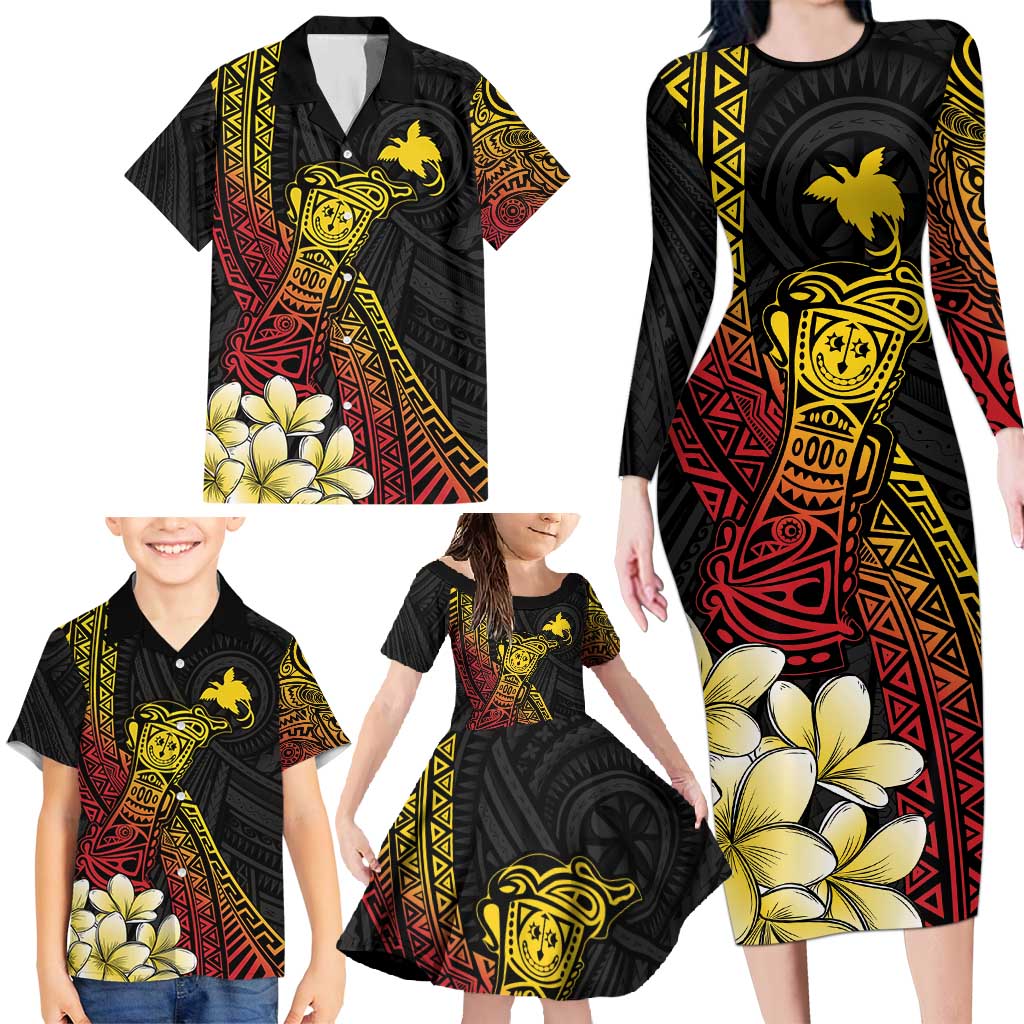 Personalized Papua New Guinea Family Matching Long Sleeve Bodycon Dress and Hawaiian Shirt Kundu Drum Carving Motifs LT7 - Polynesian Pride