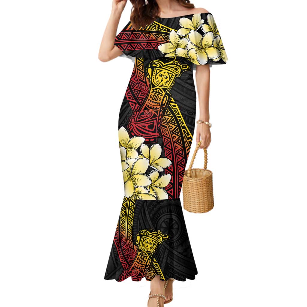 Personalized Papua New Guinea Family Matching Mermaid Dress and Hawaiian Shirt Kundu Drum Carving Motifs LT7 Mom's Dress Black - Polynesian Pride