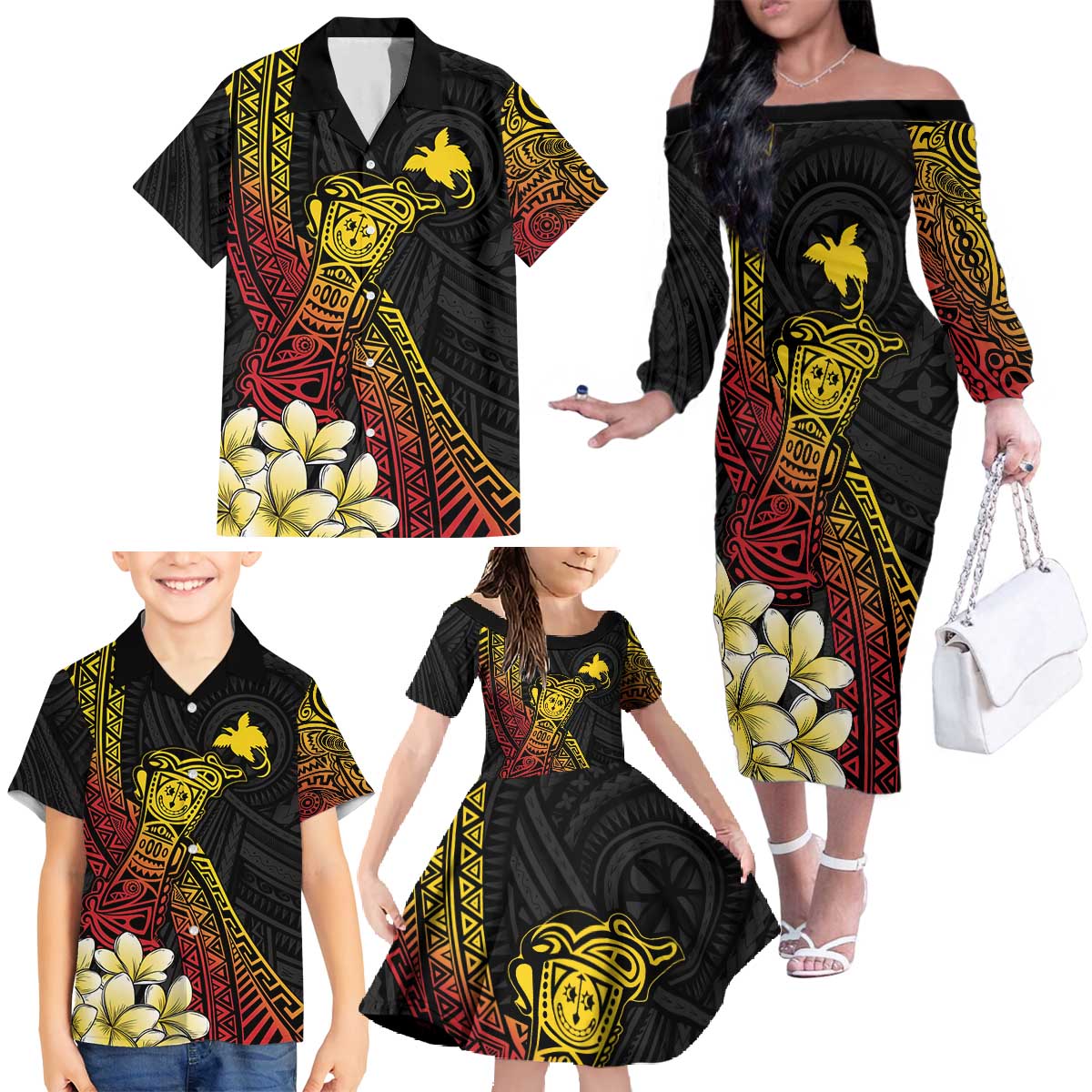 Personalized Papua New Guinea Family Matching Off The Shoulder Long Sleeve Dress and Hawaiian Shirt Kundu Drum Carving Motifs LT7 Black - Polynesian Pride