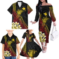 Personalized Papua New Guinea Family Matching Off The Shoulder Long Sleeve Dress and Hawaiian Shirt Kundu Drum Carving Motifs LT7 Black - Polynesian Pride