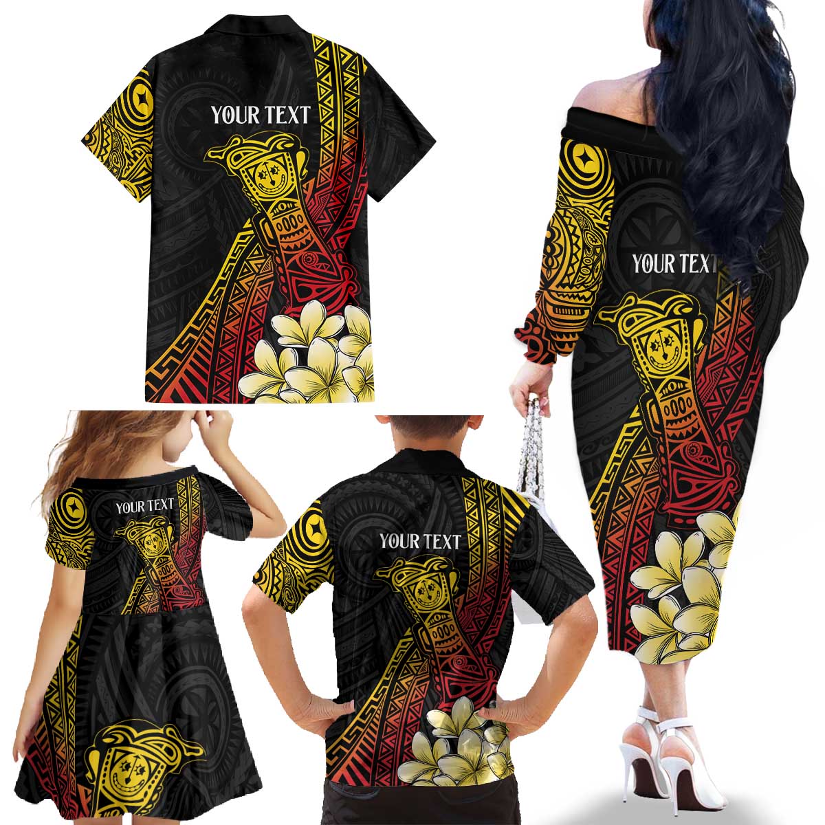 Personalized Papua New Guinea Family Matching Off The Shoulder Long Sleeve Dress and Hawaiian Shirt Kundu Drum Carving Motifs LT7 - Polynesian Pride