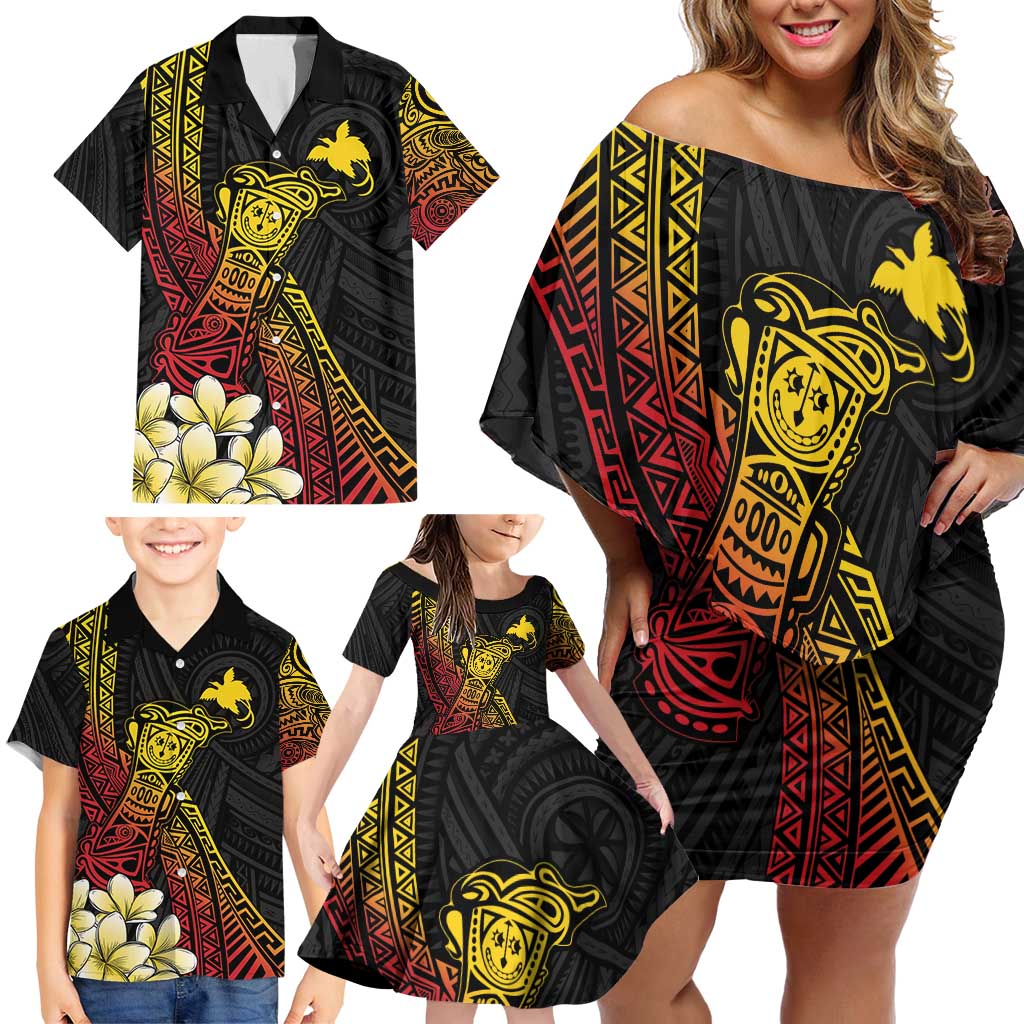 Personalized Papua New Guinea Family Matching Off Shoulder Short Dress and Hawaiian Shirt Kundu Drum Carving Motifs LT7 - Polynesian Pride