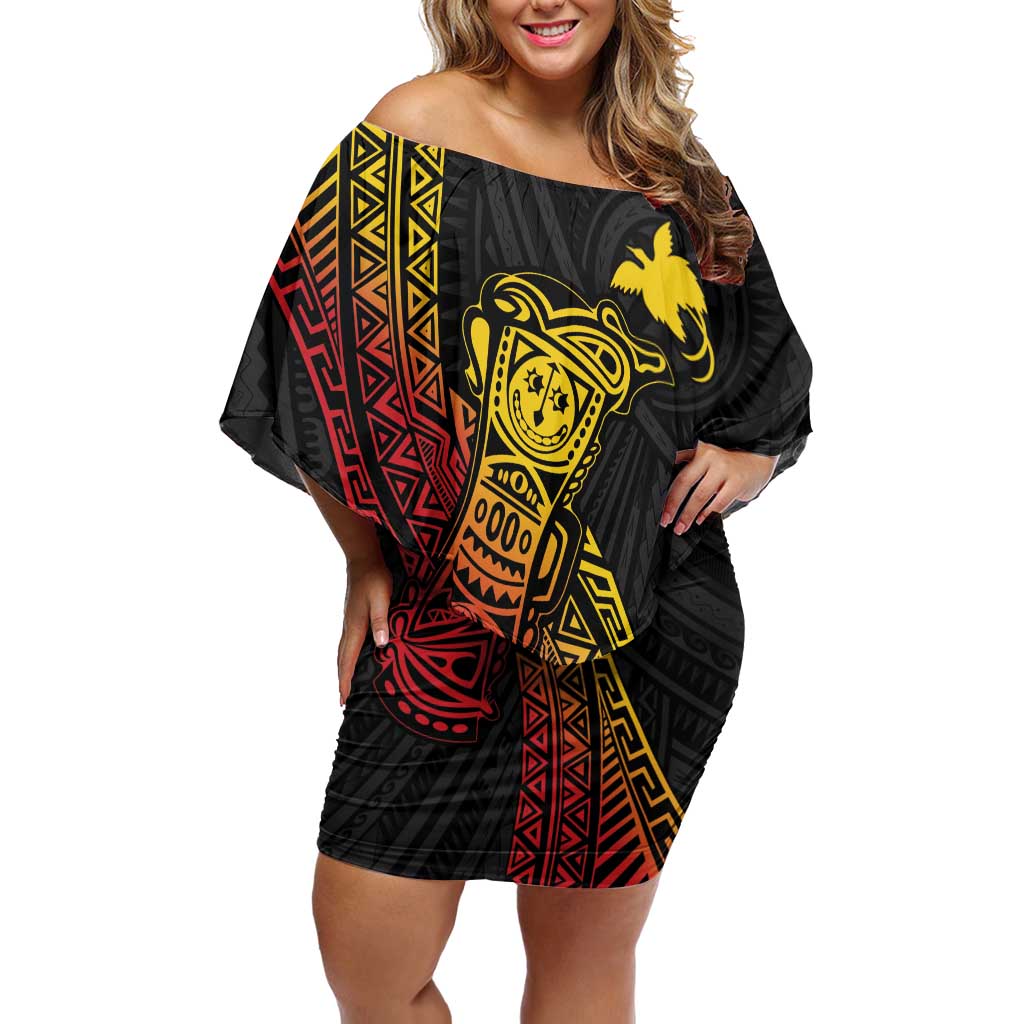 Personalized Papua New Guinea Family Matching Off Shoulder Short Dress and Hawaiian Shirt Kundu Drum Carving Motifs LT7 Mom's Dress Black - Polynesian Pride