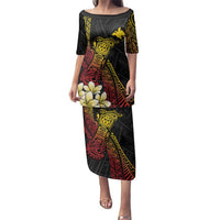 Personalized Papua New Guinea Family Matching Puletasi and Hawaiian Shirt Kundu Drum Carving Motifs LT7 Mom's Dress Black - Polynesian Pride
