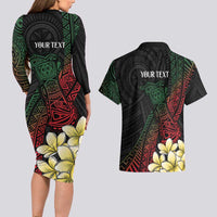 Personalized Papua New Guinea Couples Matching Long Sleeve Bodycon Dress and Hawaiian Shirt Kundu Drum Motifs - Sepik Colors LT7 - Polynesian Pride