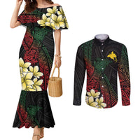 Personalized Papua New Guinea Couples Matching Mermaid Dress and Long Sleeve Button Shirt Kundu Drum Motifs - Sepik Colors LT7 Black - Polynesian Pride