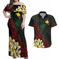 Personalized Papua New Guinea Couples Matching Off Shoulder Maxi Dress and Hawaiian Shirt Kundu Drum Motifs - Sepik Colors LT7 Black - Polynesian Pride