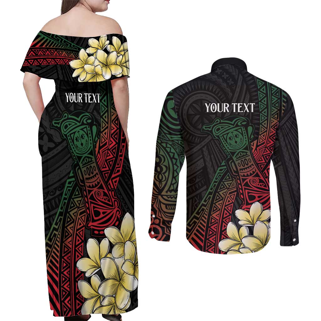 Personalized Papua New Guinea Couples Matching Off Shoulder Maxi Dress and Long Sleeve Button Shirt Kundu Drum Motifs - Sepik Colors LT7 - Polynesian Pride