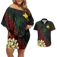 Personalized Papua New Guinea Couples Matching Off Shoulder Short Dress and Hawaiian Shirt Kundu Drum Motifs - Sepik Colors LT7 Black - Polynesian Pride