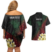 Personalized Papua New Guinea Couples Matching Off Shoulder Short Dress and Hawaiian Shirt Kundu Drum Motifs - Sepik Colors LT7 - Polynesian Pride
