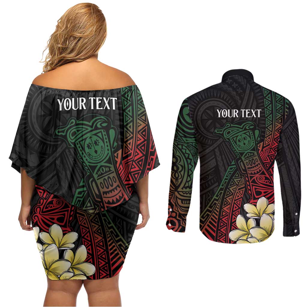 Personalized Papua New Guinea Couples Matching Off Shoulder Short Dress and Long Sleeve Button Shirt Kundu Drum Motifs - Sepik Colors LT7 - Polynesian Pride