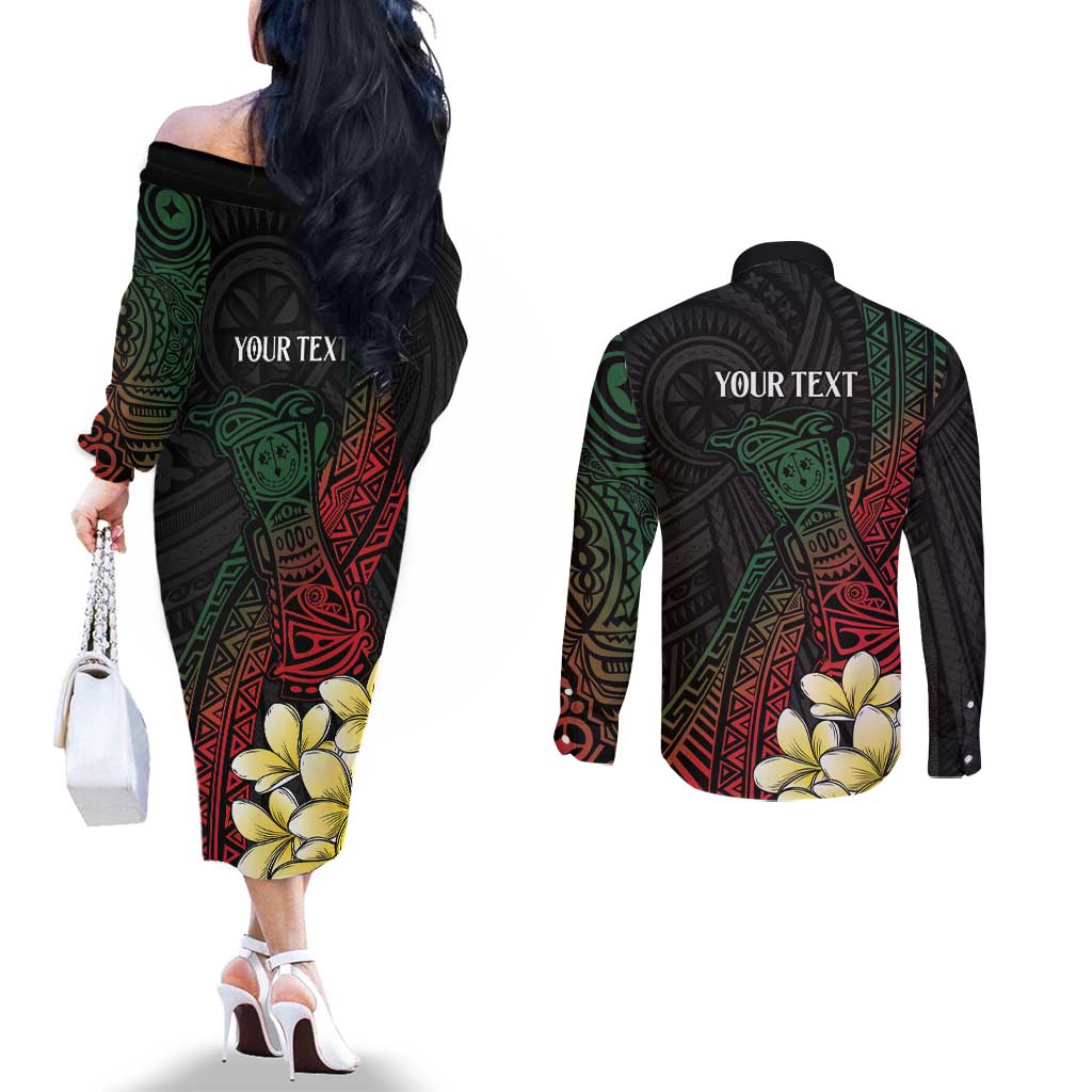 Personalized Papua New Guinea Couples Matching Off The Shoulder Long Sleeve Dress and Long Sleeve Button Shirt Kundu Drum Motifs - Sepik Colors LT7 - Polynesian Pride