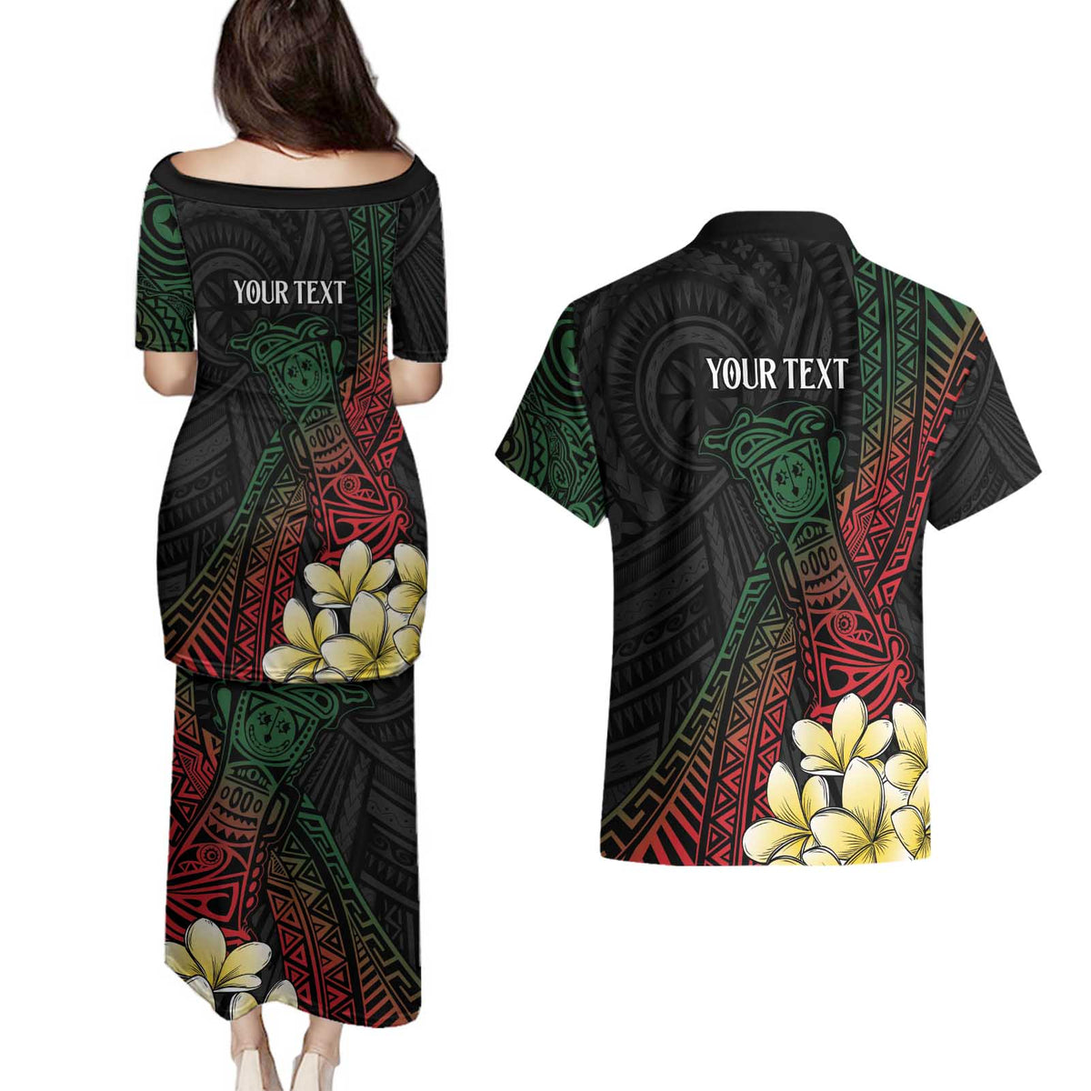 Personalized Papua New Guinea Couples Matching Puletasi and Hawaiian Shirt Kundu Drum Motifs - Sepik Colors LT7 - Polynesian Pride