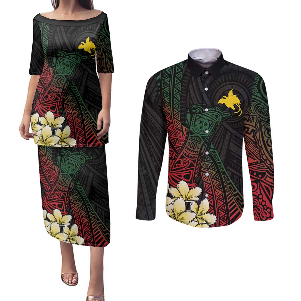 Personalized Papua New Guinea Couples Matching Puletasi and Long Sleeve Button Shirt Kundu Drum Motifs - Sepik Colors LT7 Black - Polynesian Pride
