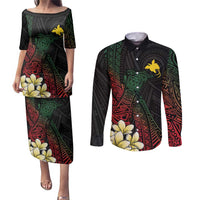 Personalized Papua New Guinea Couples Matching Puletasi and Long Sleeve Button Shirt Kundu Drum Motifs - Sepik Colors LT7 Black - Polynesian Pride