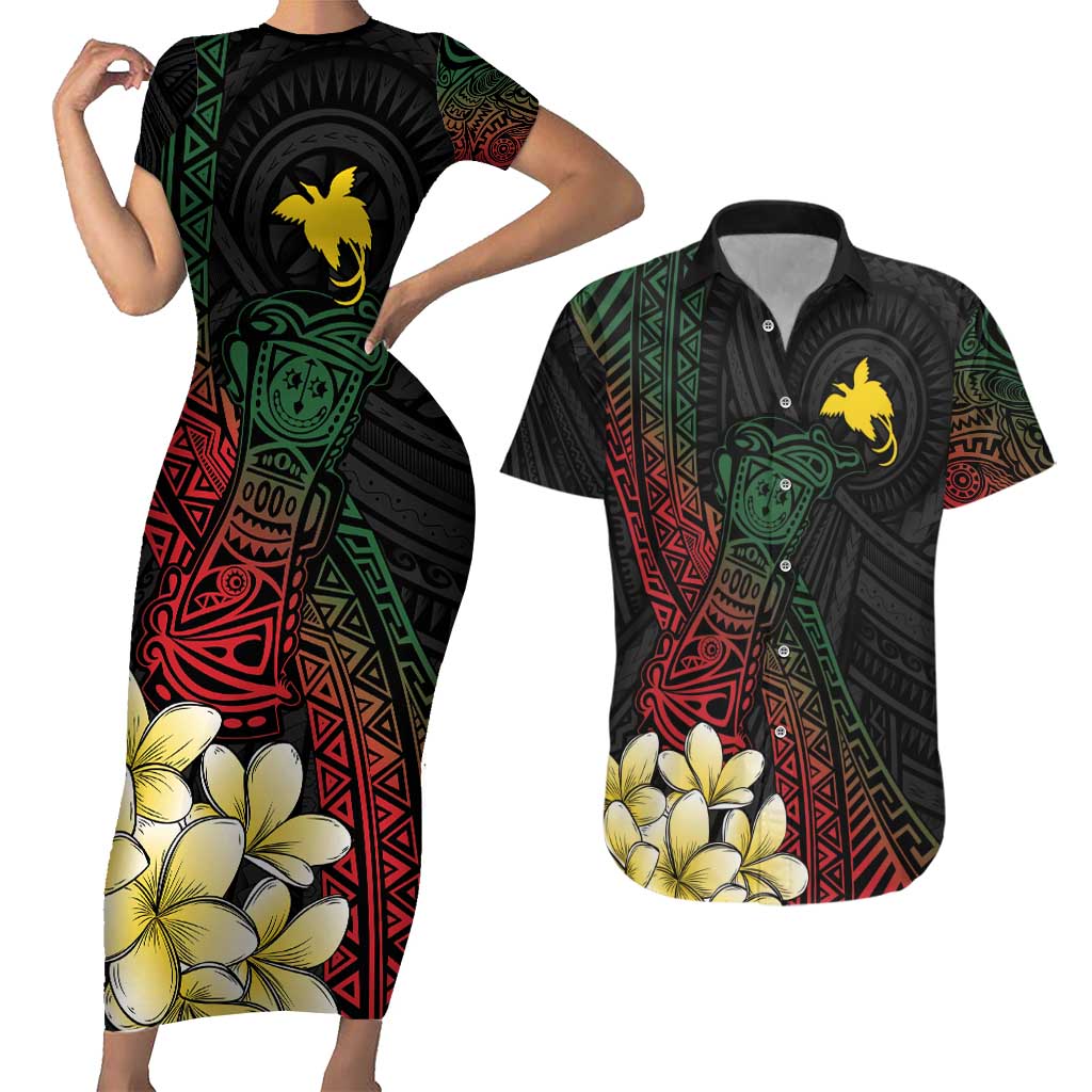 Personalized Papua New Guinea Couples Matching Short Sleeve Bodycon Dress and Hawaiian Shirt Kundu Drum Motifs - Sepik Colors LT7 Black - Polynesian Pride