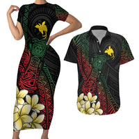 Personalized Papua New Guinea Couples Matching Short Sleeve Bodycon Dress and Hawaiian Shirt Kundu Drum Motifs - Sepik Colors LT7 Black - Polynesian Pride
