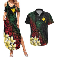 Personalized Papua New Guinea Couples Matching Summer Maxi Dress and Hawaiian Shirt Kundu Drum Motifs - Sepik Colors LT7 Black - Polynesian Pride