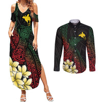 Personalized Papua New Guinea Couples Matching Summer Maxi Dress and Long Sleeve Button Shirt Kundu Drum Motifs - Sepik Colors LT7 Black - Polynesian Pride