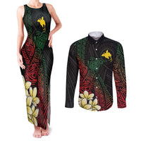 Personalized Papua New Guinea Couples Matching Tank Maxi Dress and Long Sleeve Button Shirt Kundu Drum Motifs - Sepik Colors LT7 Black - Polynesian Pride