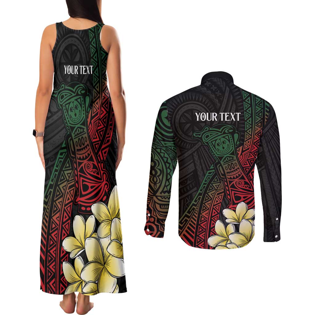 Personalized Papua New Guinea Couples Matching Tank Maxi Dress and Long Sleeve Button Shirt Kundu Drum Motifs - Sepik Colors LT7 - Polynesian Pride