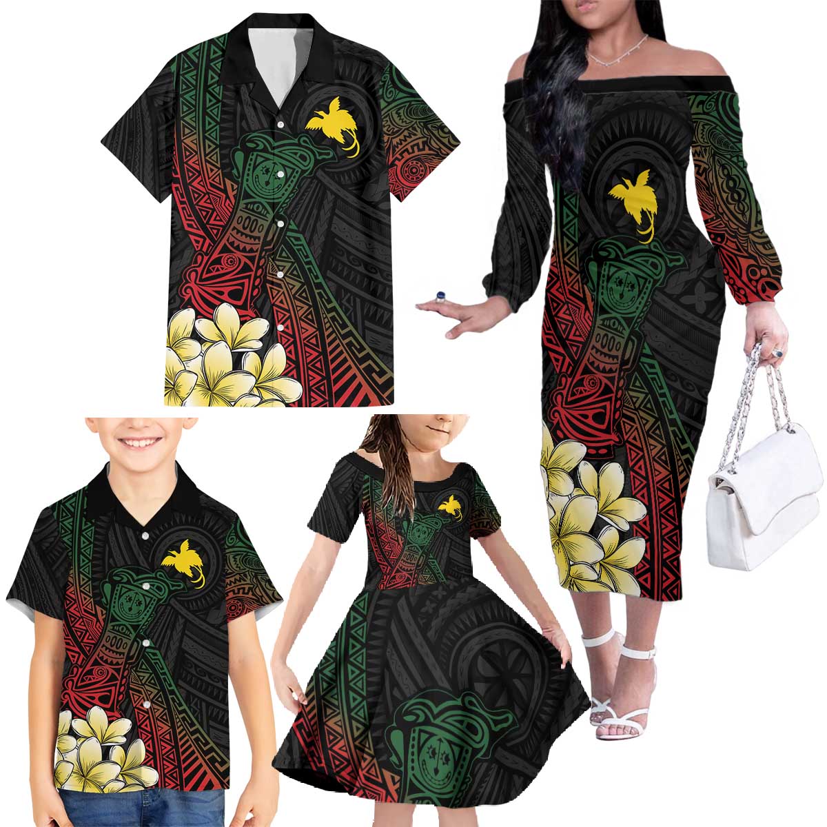 Personalized Papua New Guinea Family Matching Off The Shoulder Long Sleeve Dress and Hawaiian Shirt Kundu Drum Motifs - Sepik Colors LT7 Black - Polynesian Pride
