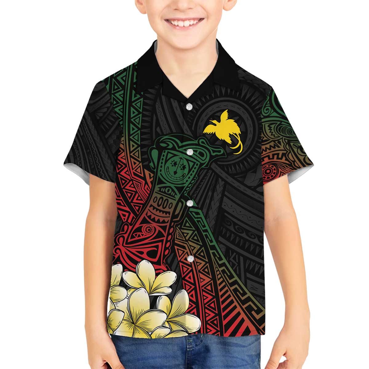 Personalized Papua New Guinea Family Matching Off The Shoulder Long Sleeve Dress and Hawaiian Shirt Kundu Drum Motifs - Sepik Colors LT7 - Polynesian Pride