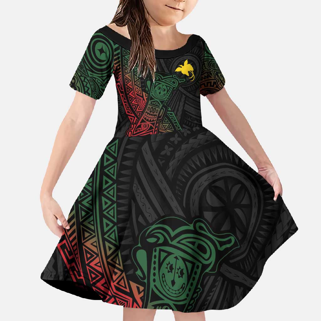 Personalized Papua New Guinea Family Matching Off Shoulder Maxi Dress and Hawaiian Shirt Kundu Drum Motifs - Sepik Colors LT7 Daughter's Dress Black - Polynesian Pride