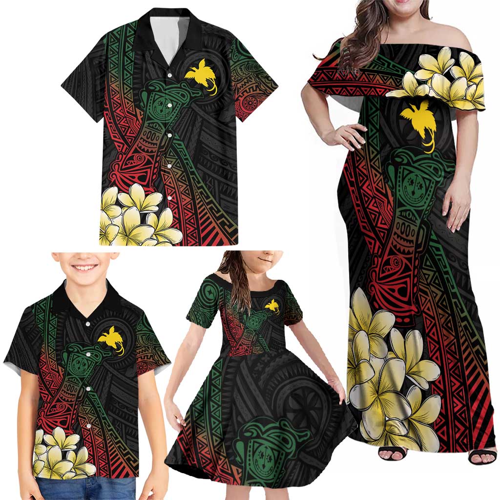 Personalized Papua New Guinea Family Matching Off Shoulder Maxi Dress and Hawaiian Shirt Kundu Drum Motifs - Sepik Colors LT7 - Polynesian Pride