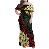 Personalized Papua New Guinea Family Matching Off Shoulder Maxi Dress and Hawaiian Shirt Kundu Drum Motifs - Sepik Colors LT7 Mom's Dress Black - Polynesian Pride