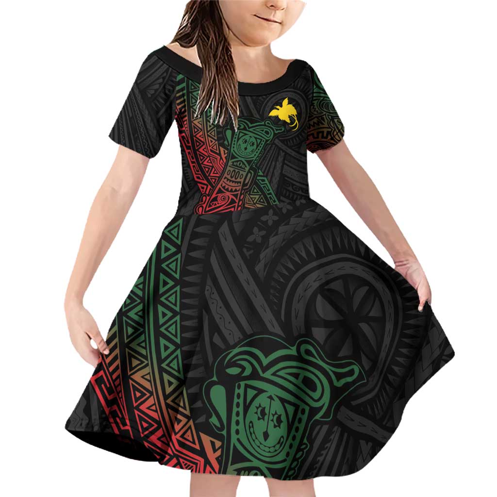 Personalized Papua New Guinea Family Matching Off Shoulder Short Dress and Hawaiian Shirt Kundu Drum Motifs - Sepik Colors LT7 Daughter's Dress Black - Polynesian Pride