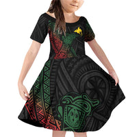 Personalized Papua New Guinea Family Matching Off Shoulder Short Dress and Hawaiian Shirt Kundu Drum Motifs - Sepik Colors LT7 Daughter's Dress Black - Polynesian Pride