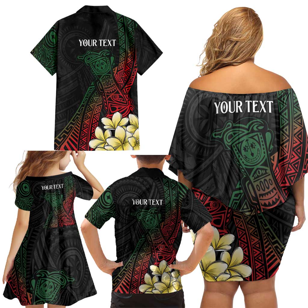Personalized Papua New Guinea Family Matching Off Shoulder Short Dress and Hawaiian Shirt Kundu Drum Motifs - Sepik Colors LT7 - Polynesian Pride