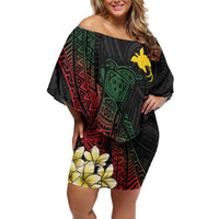 Personalized Papua New Guinea Family Matching Off Shoulder Short Dress and Hawaiian Shirt Kundu Drum Motifs - Sepik Colors LT7 Mom's Dress Black - Polynesian Pride