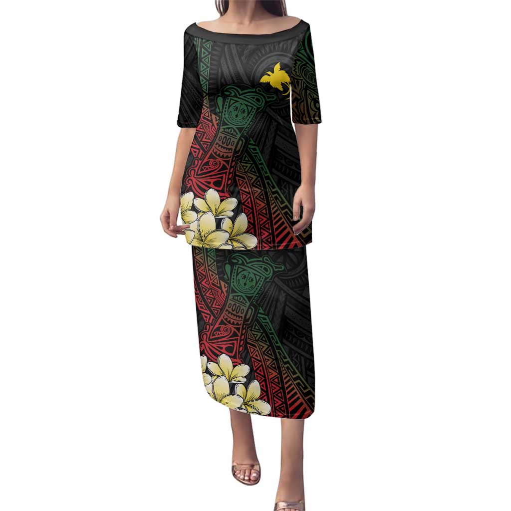 Personalized Papua New Guinea Family Matching Puletasi and Hawaiian Shirt Kundu Drum Motifs - Sepik Colors LT7 Mom's Dress Black - Polynesian Pride