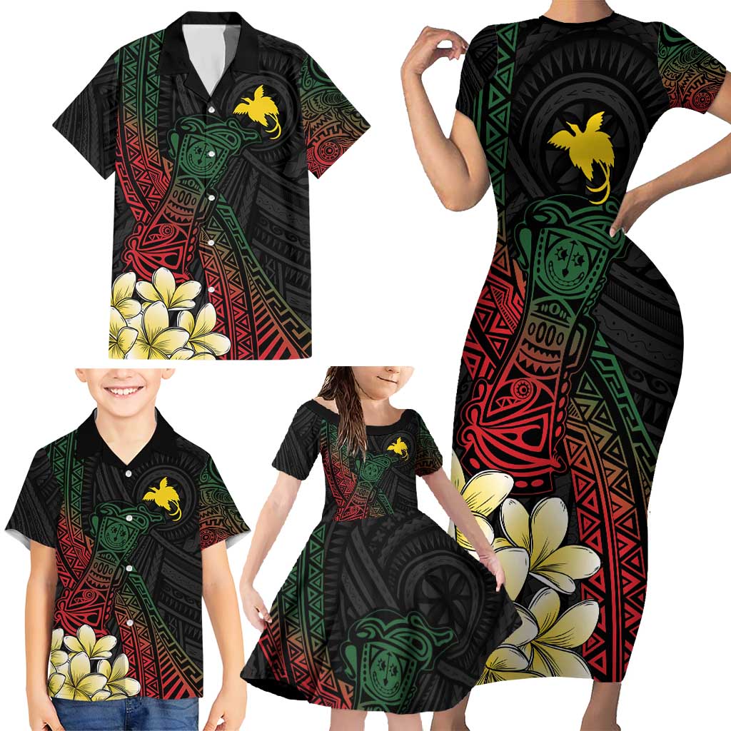 Personalized Papua New Guinea Family Matching Short Sleeve Bodycon Dress and Hawaiian Shirt Kundu Drum Motifs - Sepik Colors LT7 - Polynesian Pride