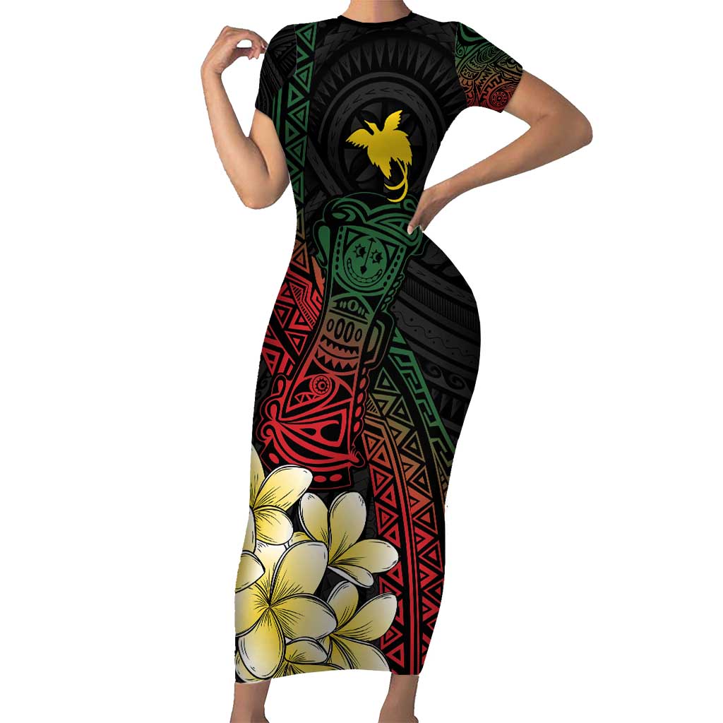 Personalized Papua New Guinea Family Matching Short Sleeve Bodycon Dress and Hawaiian Shirt Kundu Drum Motifs - Sepik Colors LT7 Mom's Dress Black - Polynesian Pride